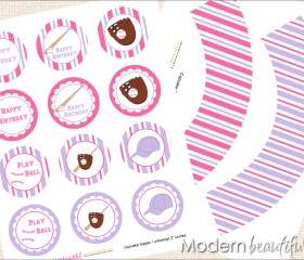 Printable Cupcake Toppers and Wrappers Pink Purple Girl Baseball Softball Party Mit Glove Bat