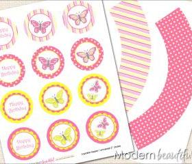 Printable Cupcake Toppers and Wrappers Butterfly Party Pink Yellow Polka Dot Stripe 