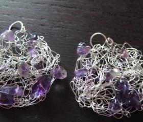Small Grape Earrings: knitted wire, amethysts and sterling silver ear wires