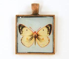 Butterfly Pendant - Yellow Black Aqua Square Copper Resin Nature Jewelry