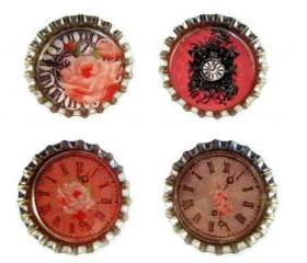 Magnets, Bottle Cap Magnet Set with Shabby Chic Clocks Images, Bottle Cap Art