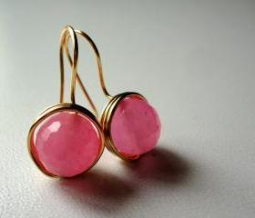 Natural Pink Jade Gemstone Golden Wire Wrapped Earrings