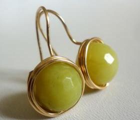 Lemon Jade Gemstone Golden Wire Wrapped Earrings