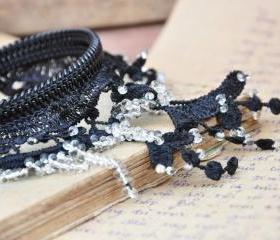 Black lace bracelet, feminine fashion cuff, - beaded.