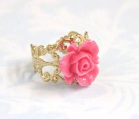 Pink flower adjustable ring with filigree accessories gold plated