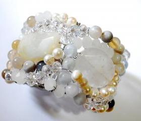 Beaded cuff bracelet made with Quartz, Botswana agate, fresh water pearls and crystals