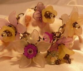 Lucite Flower Bracelet, Garden Flower Charm Bracelet & Earrings, Purple, Yellow, Antique Brass, Swarovski Crystal