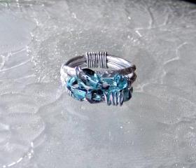 Blue Wire Wrapped Cluster Ring - size 6 adjustable