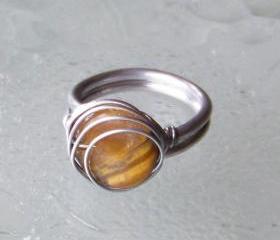 Tiger Eye Wire Wrapped Ring - size 7 adjustable OOAK