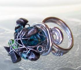 Cocktail Ring sz 8 - Wire Wrapped Aluminum with Black Stone and Blue fire polished glass