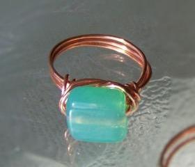 Ring size 6.5 - Aqua Blue and Copper Wire Wrapped OOAK Art Ring
