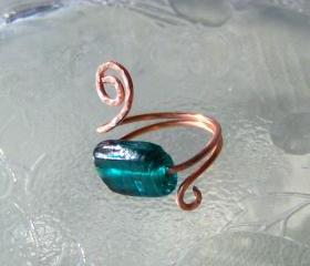 Ring sz 8 adjustable - Teal Glass Bead and Copper Wire Wrapped OOAK Art Ring