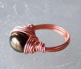 Ring sz 5 - Wire Wrapped Copper and Black Bead