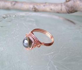 Ring sz 6 - Wire Wrapped Copper and Black Smokey Iridescent Bead