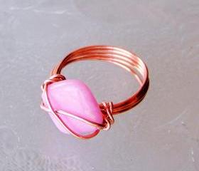 Ring sz 8 - Wire Wrapped Copper with Pink Square or Diamond Shaped Bead
