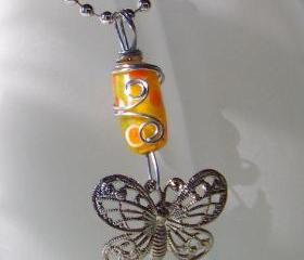 Wire Wrapped Art Pendant Bead Necklace with silver plate ball chain