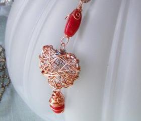 Wire Wrapped Art Pendant Orange Bead Necklace