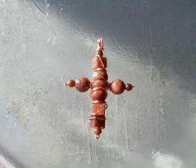 Gold Stone Cross Wire Wrapped Art Pendant