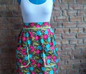 Half waist apron,Colorful hibiscus with yellow rick rack accent