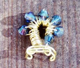 Ear Cuff - Swirls Solid Brass Wire Wrapped with Blue Bicone Crystal Beads