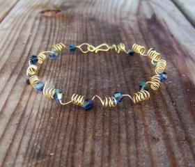 Bracelet Adjustable Brass Wire and Blue Crystal Bicone Bead