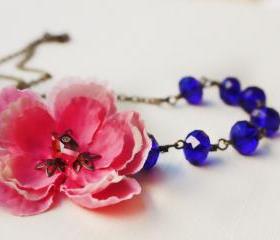 Blue necklace, cherry blossom, assymetrical necklace