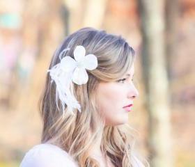 Love Song - Dogwood flower hair clip, bridal hair clip, ostrish feather hair clip