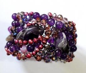 Beaded cuff bracelet made with Amethyst gemstones, fresh water pearls and crystals