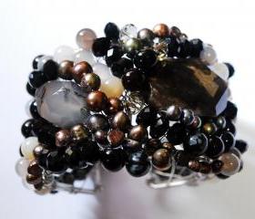 Beaded cuff bracelet made with Botswana agate gemstones, fresh water pearls and crystals