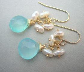 Aqua Chalcedony and Keshi Pearl Earrings