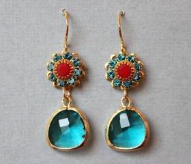 Teal Glass Floral Earrings