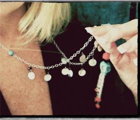 Full Moon long dangle pendant necklace silver turquoise coral red mirror charms