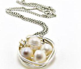 Bird Nest Neacklace- Freshwater Pearl Necklace- Bird Nest Jewelry-Summer Jewelry-Summer Necklace-Wire Wrapped necklace-pearl necklace-pearl jewelry