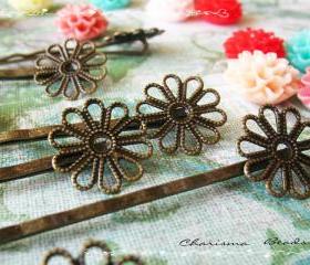 6 Filigree Bobby Pins Hair ornaments Antique Bronze, Flower 2x59x2mm