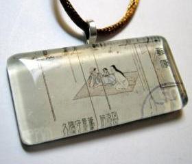 Pendant - Japanese Vintage Stamp, Glass Tile Family Scene