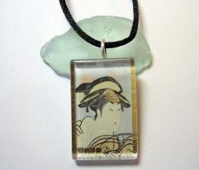 Pendant - Vintage Stamp, Glass Tile Traditional Geisha Pastels