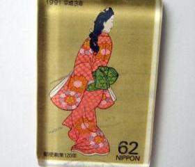 Pendant - Japanese Vintage Stamp, Glass Tile Geisha Peach Kimono
