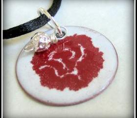Pendant - Red Flower on White Enameled Copper