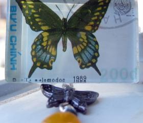Pendant - Butterfly Gold Blue Black Glass Tile