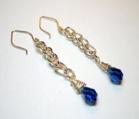 Earrings - Fine Silver Loop Chain Sapphire Blue Swarovski