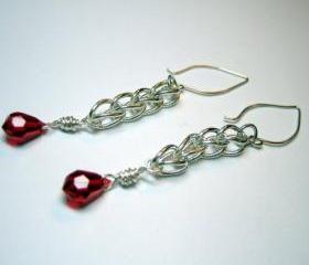Earrings - Fine Silver Loop Chain Ruby Red Swarovski