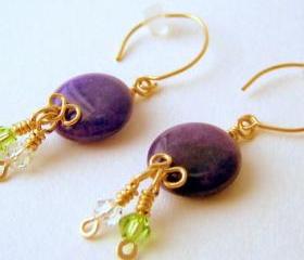 Earrings - 14K GF Purple Aventurine Coins Swarovski