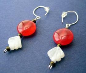 Earrings - Red Jade Coins Moonstone Sterlng