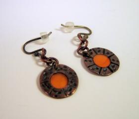RESERVED Earrings - Tiny Tangerine Orange Resin Dark Copper Sterling Silver