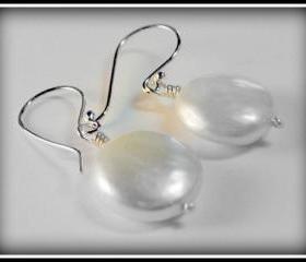 Earrings - Satin White Freshwater Pearls Coin Sterling Earwires