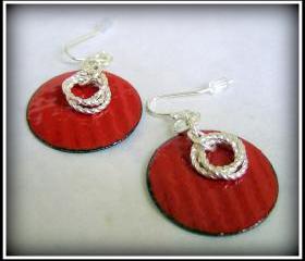 Earrings - Red Enameled Copper Silver Twist Rings