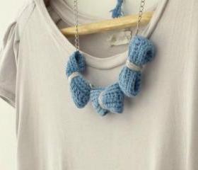 Three crochet bows necklace. Pale blue and grey cotton yarn