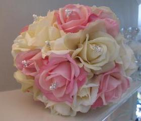 Real Touch Bridal Bouquet - Pink and Ivory Roses with Rhinestones