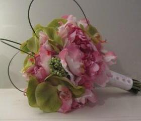Silk Bridal Bouquet - Pink Peonies and Green Orchids