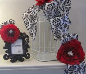 Wedding Birdcage Card Holder - Red Roses with Black and White Damask Ribbon